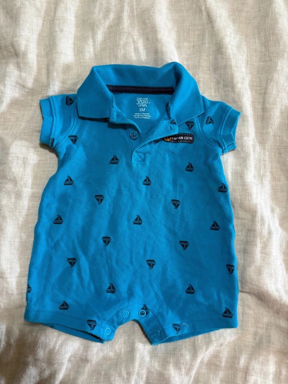 3 month Carter's Bright Turquoise Polo One-Piece with Navy Sailboat Print